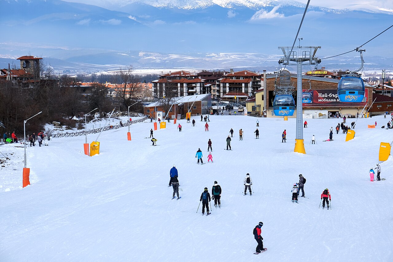 Bansko ski resort in Blagoevgrad, Bulgaria - panoramic view of ski slopes and mountain facilities