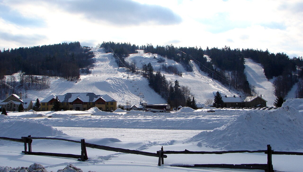 Calabogie Peaks ski resort in Ontario, Canada - panoramic view of ski slopes and mountain facilities