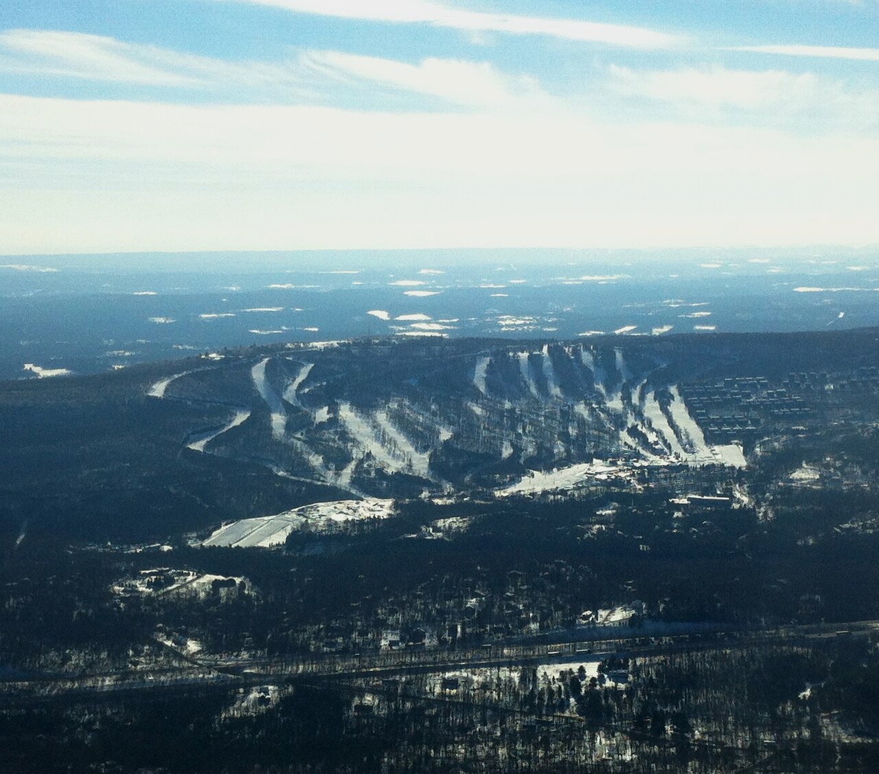 Camelback Mountain ski resort in Tannersville, Pennsylvania, USA - panoramic view of ski slopes and mountain facilities
