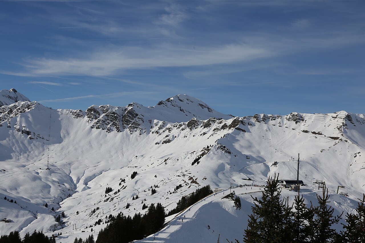 Champéry ski resort in Valais, Switzerland - panoramic view of ski slopes and mountain facilities