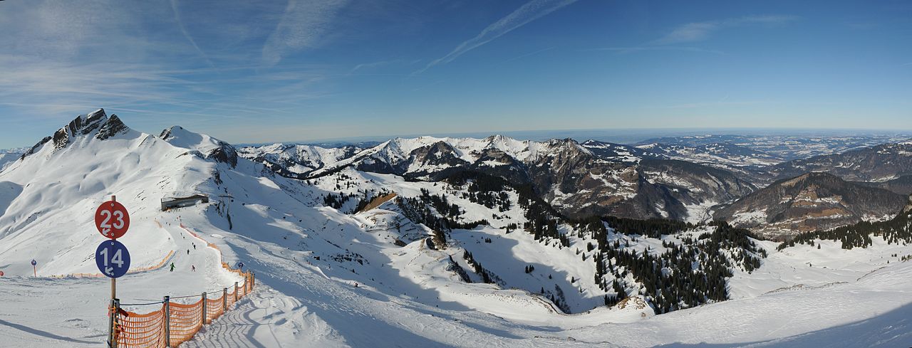 Damüls ski resort in Vorarlberg, Austria - panoramic view of ski slopes and mountain facilities