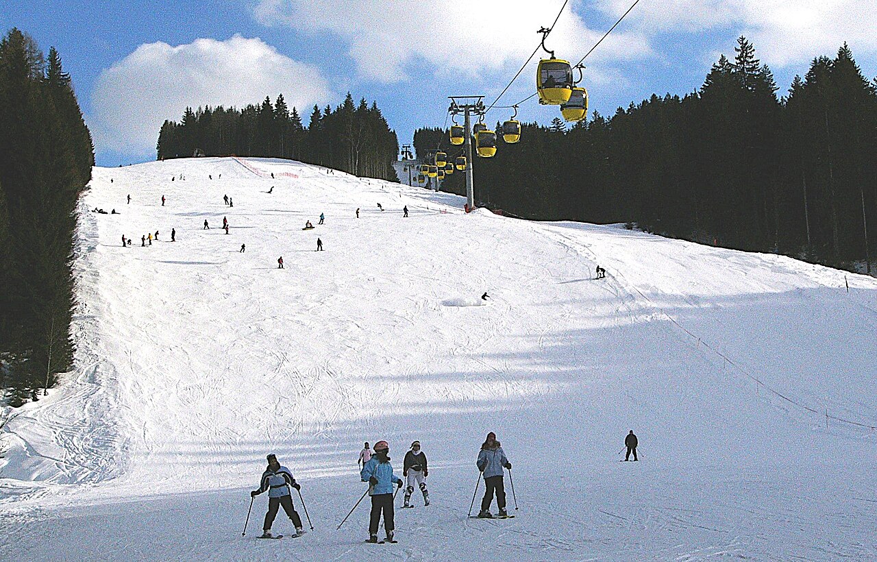 Fieberbrunn ski resort in Tirol, Austria - panoramic view of ski slopes and mountain facilities