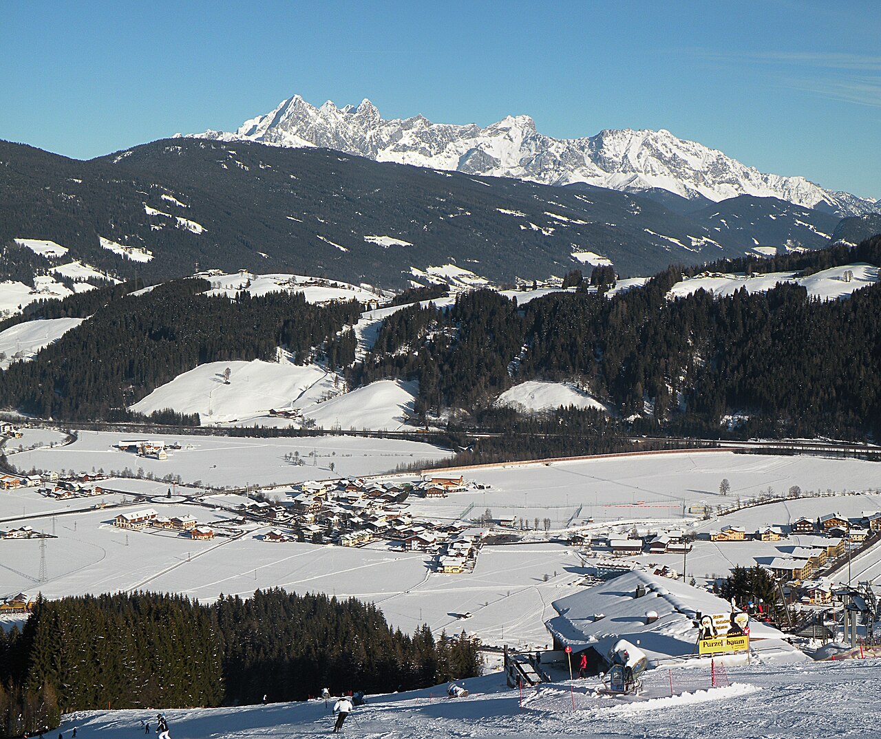 Flachau ski resort in Salzburg, Austria - panoramic view of ski slopes and mountain facilities