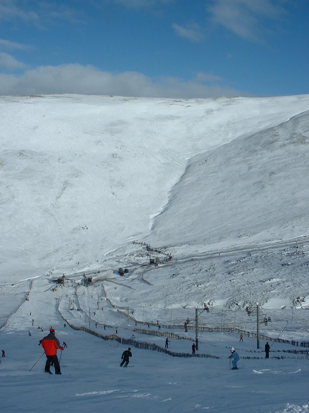 Glenshee ski resort in Highlands, Scotland - panoramic view of ski slopes and mountain facilities