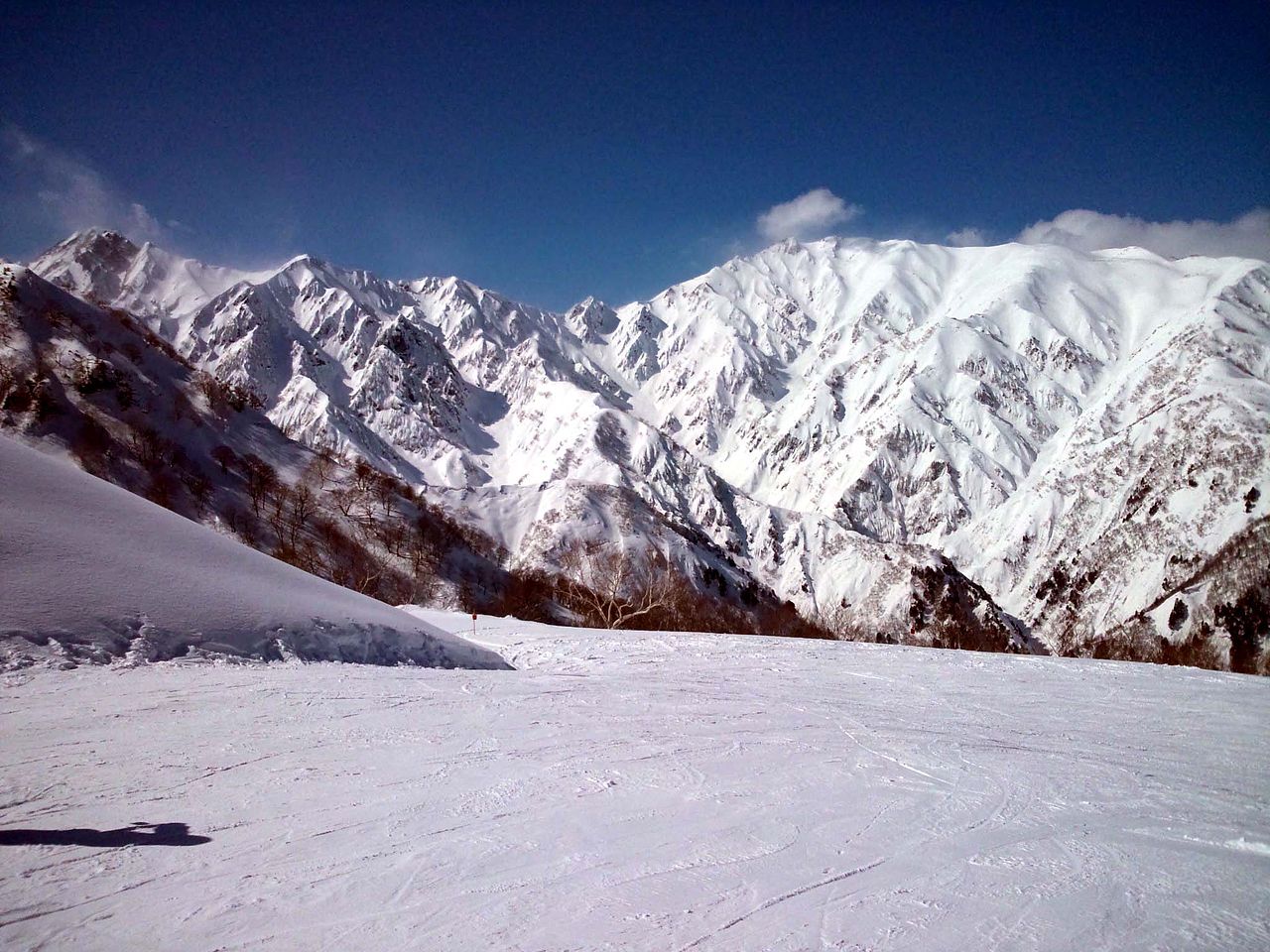 Goryu ski resort in Nagano, Japan - panoramic view of ski slopes and mountain facilities