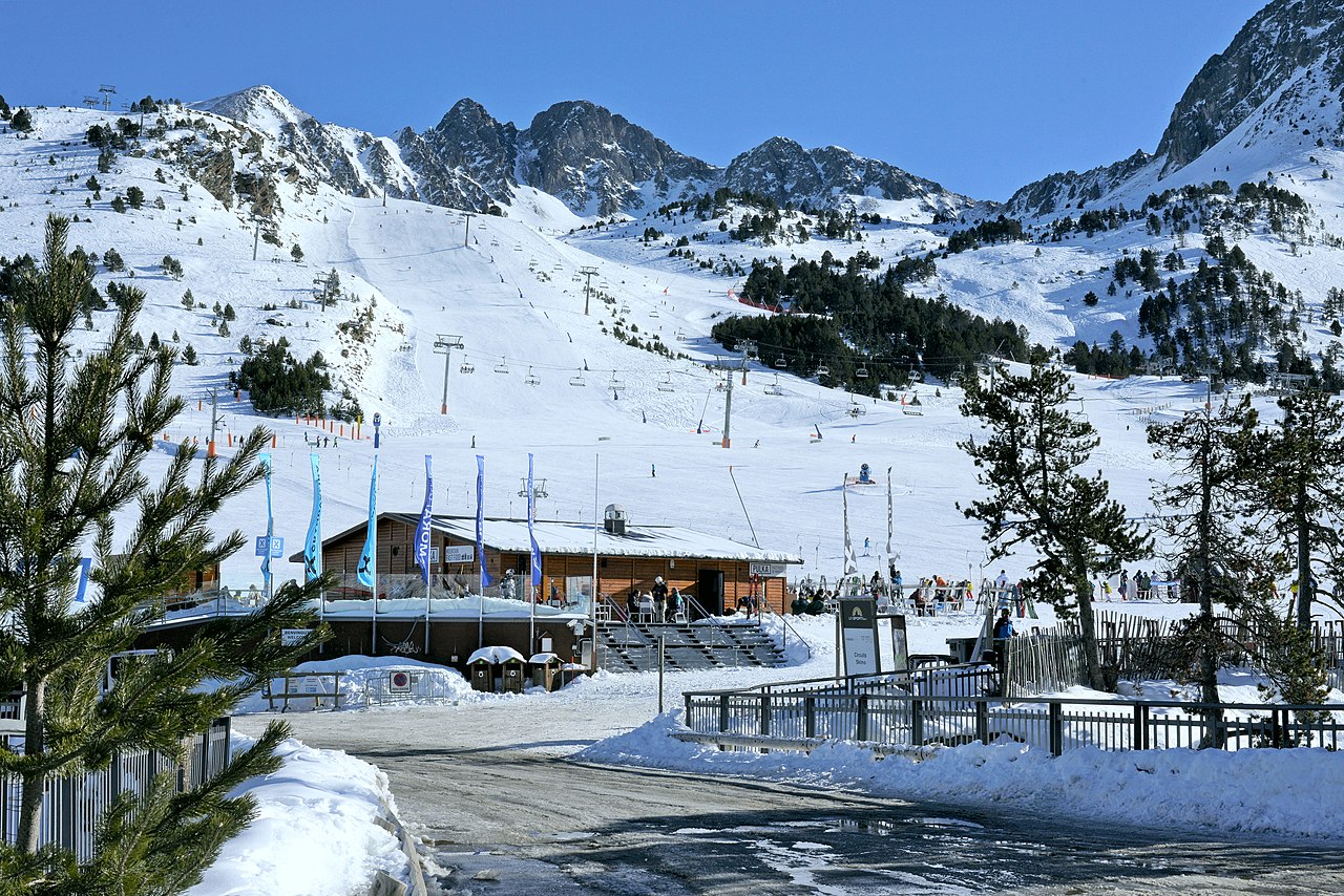 Grandvalira ski resort in Encamp-Canillo, Andorra - panoramic view of ski slopes and mountain facilities