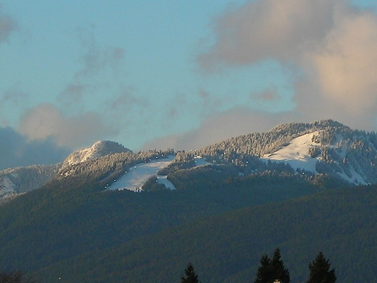 Grouse Mountain ski resort in British Columbia, Canada - panoramic view of ski slopes and mountain facilities
