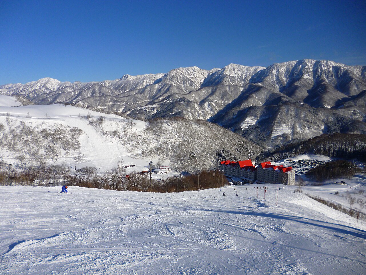 Hakuba Cortina ski resort in Nagano, Japan - panoramic view of ski slopes and mountain facilities