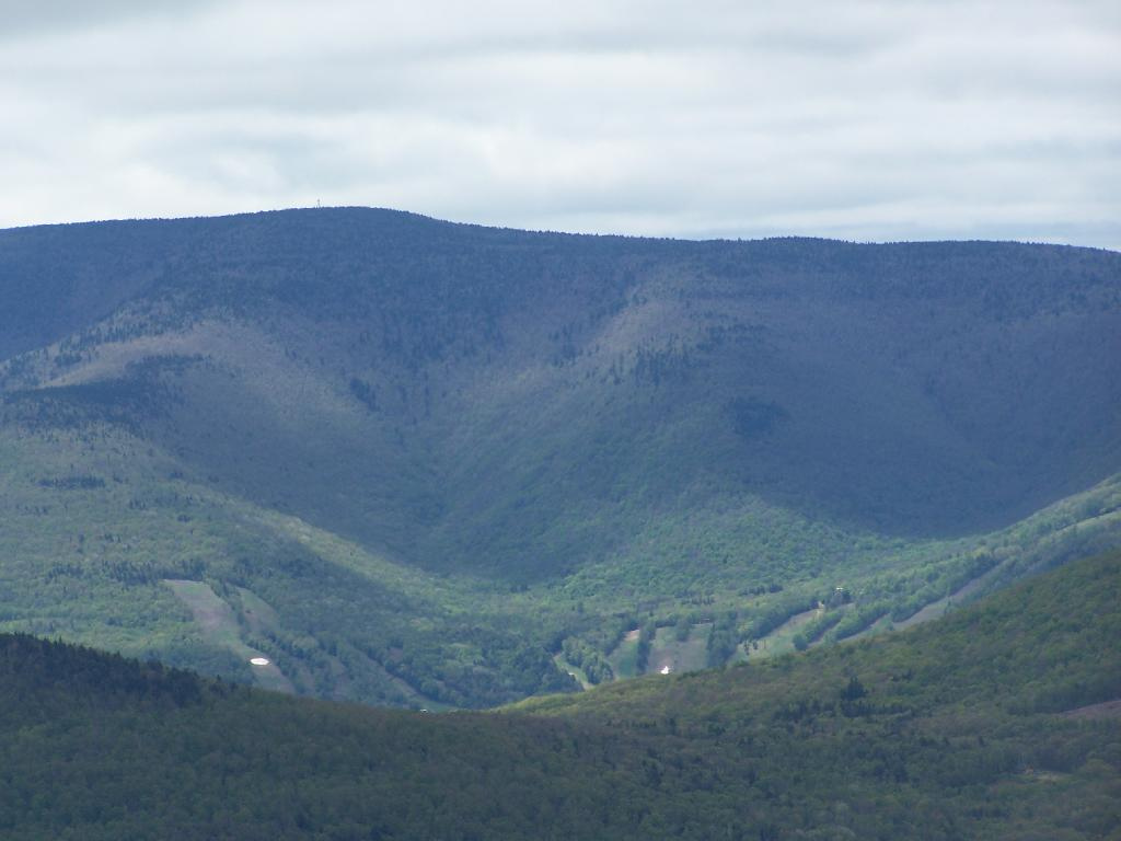 Hunter Mountain ski resort in Hunter, New York, USA - panoramic view of ski slopes and mountain facilities