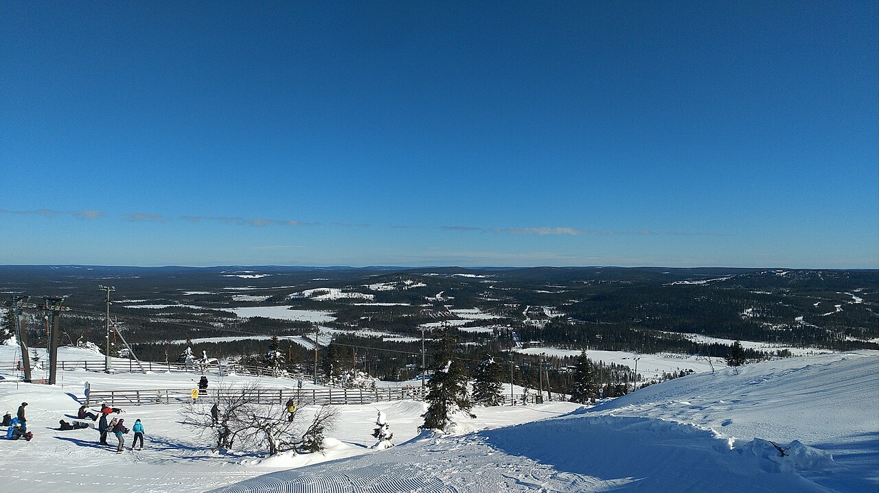 Iso-Syöte ski resort in Pudasjärvi, Northern Finland, Finland - panoramic view of ski slopes and mountain facilities