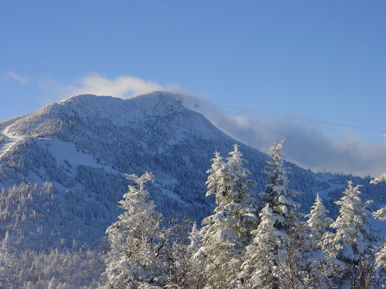 Jay Peak ski resort in Vermont, USA - panoramic view of ski slopes and mountain facilities