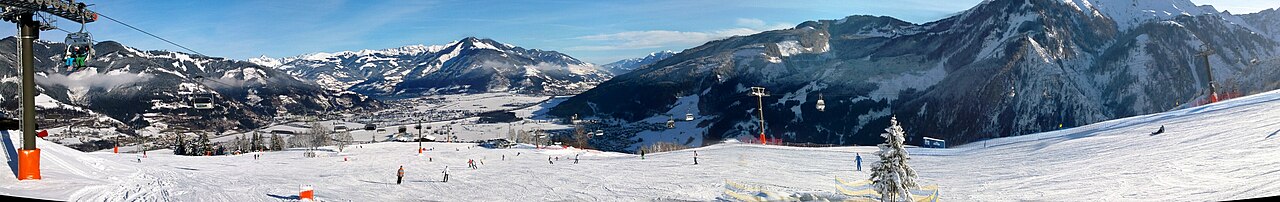 Kaprun ski resort in Salzburg, Austria - panoramic view of ski slopes and mountain facilities