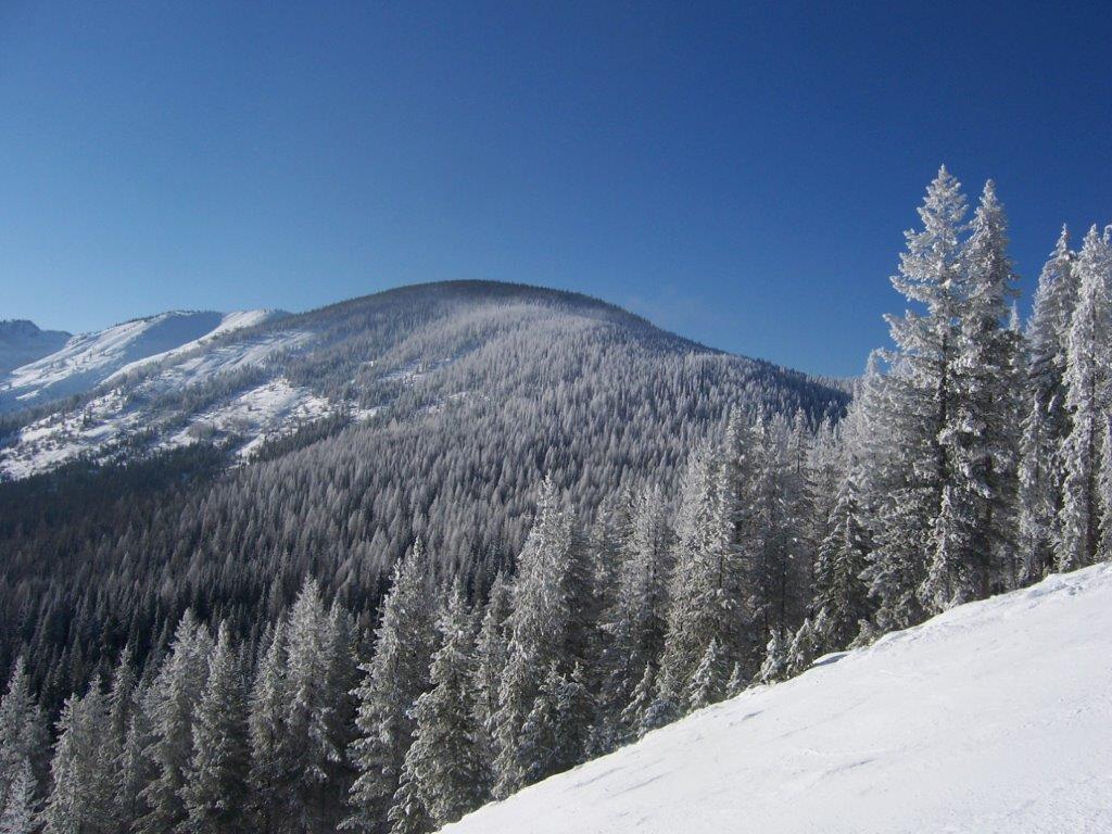 Lookout Pass ski resort in Mullan, Idaho, USA - panoramic view of ski slopes and mountain facilities