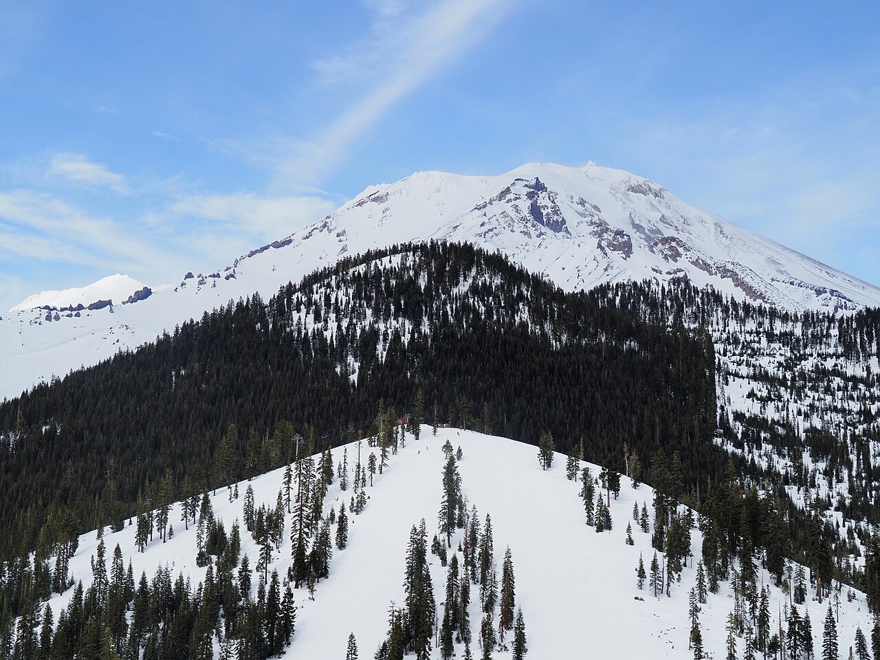 Mt. Shasta Ski Park ski resort in Mt. Shasta, California, USA - panoramic view of ski slopes and mountain facilities