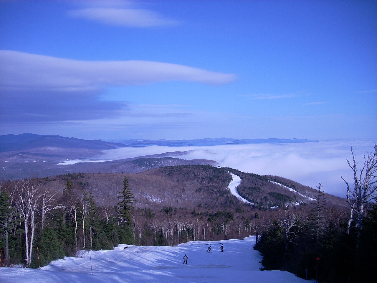 Okemo Mountain ski resort in Ludlow, Vermont, USA - panoramic view of ski slopes and mountain facilities