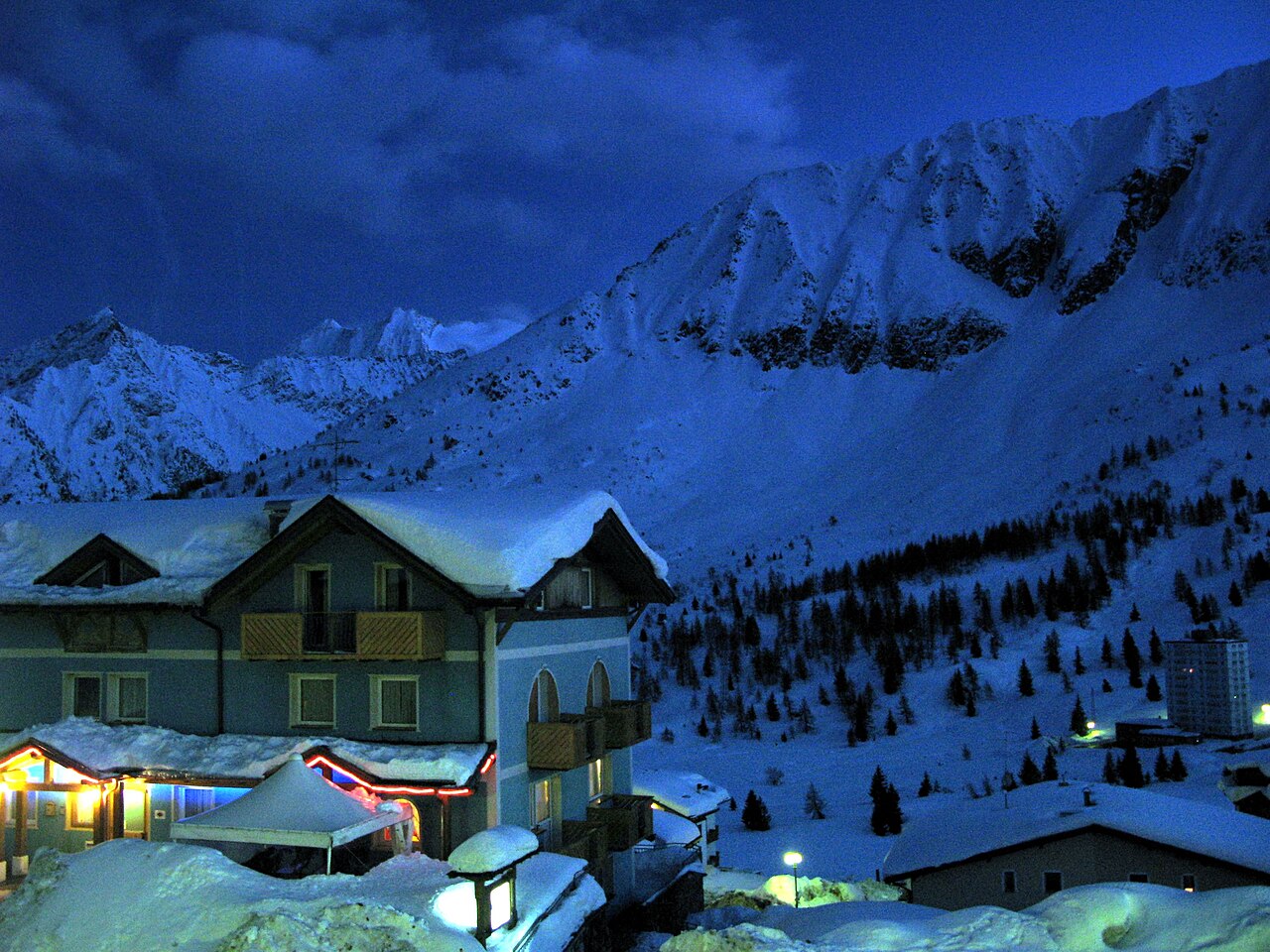 Passo Tonale ski resort in Trentino, Italy - panoramic view of ski slopes and mountain facilities