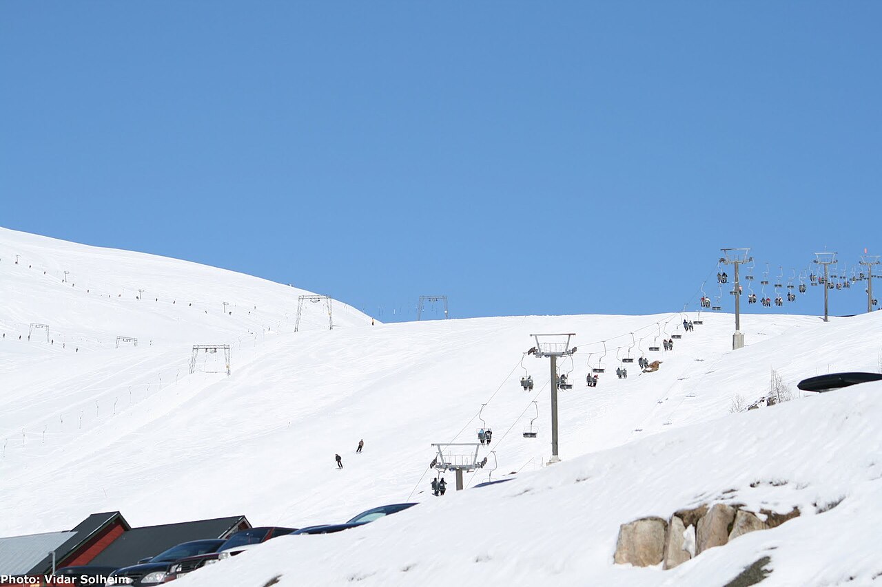 Røldal ski resort in Rogaland, Norway - panoramic view of ski slopes and mountain facilities