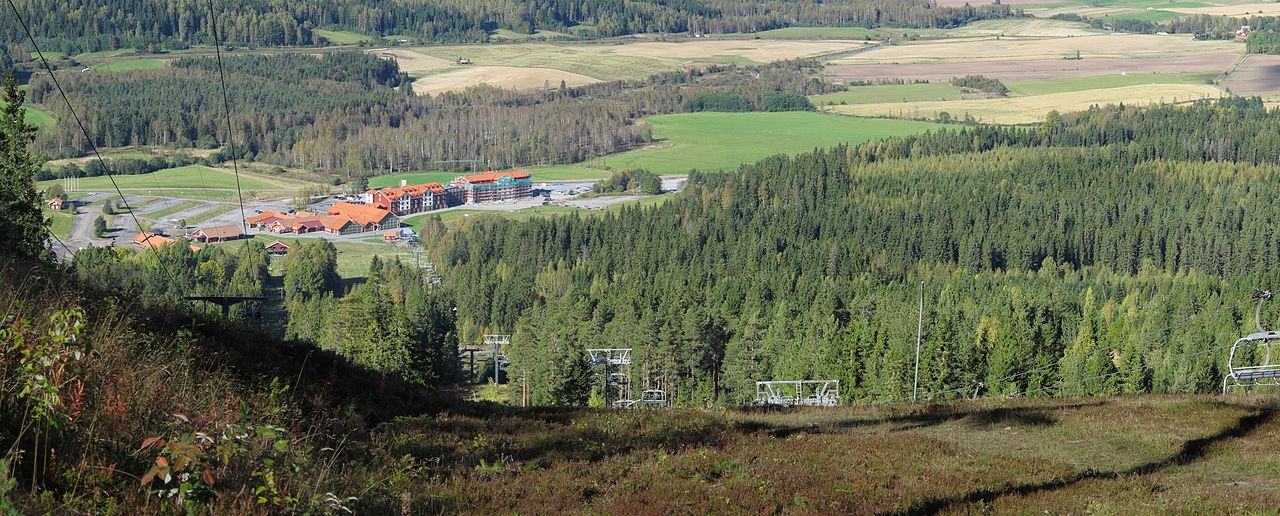 Romme Alpin ski resort in Dalarna, Sweden - panoramic view of ski slopes and mountain facilities