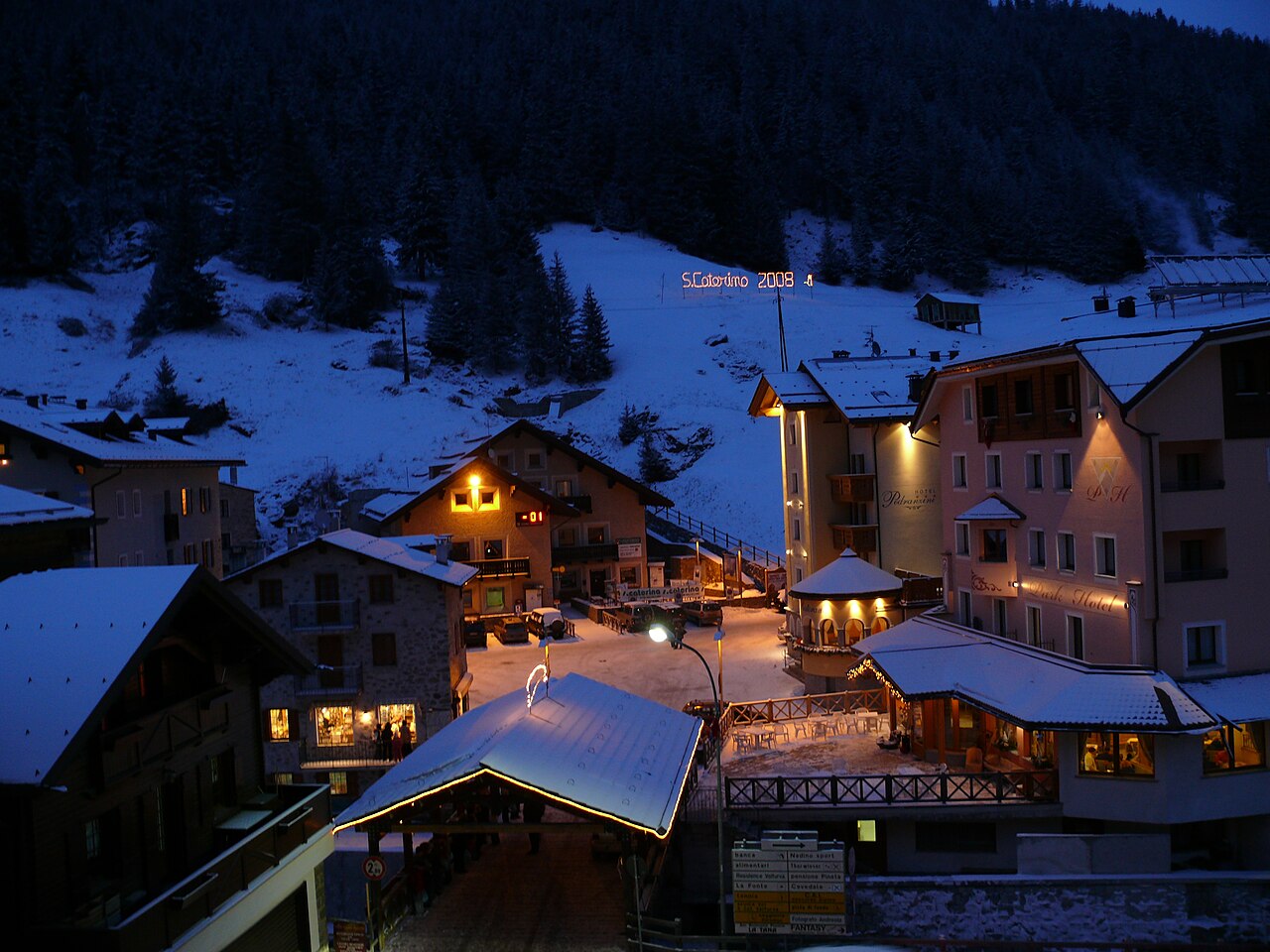 Santa Caterina Valfurva ski resort in Lombardy, Italy - panoramic view of ski slopes and mountain facilities