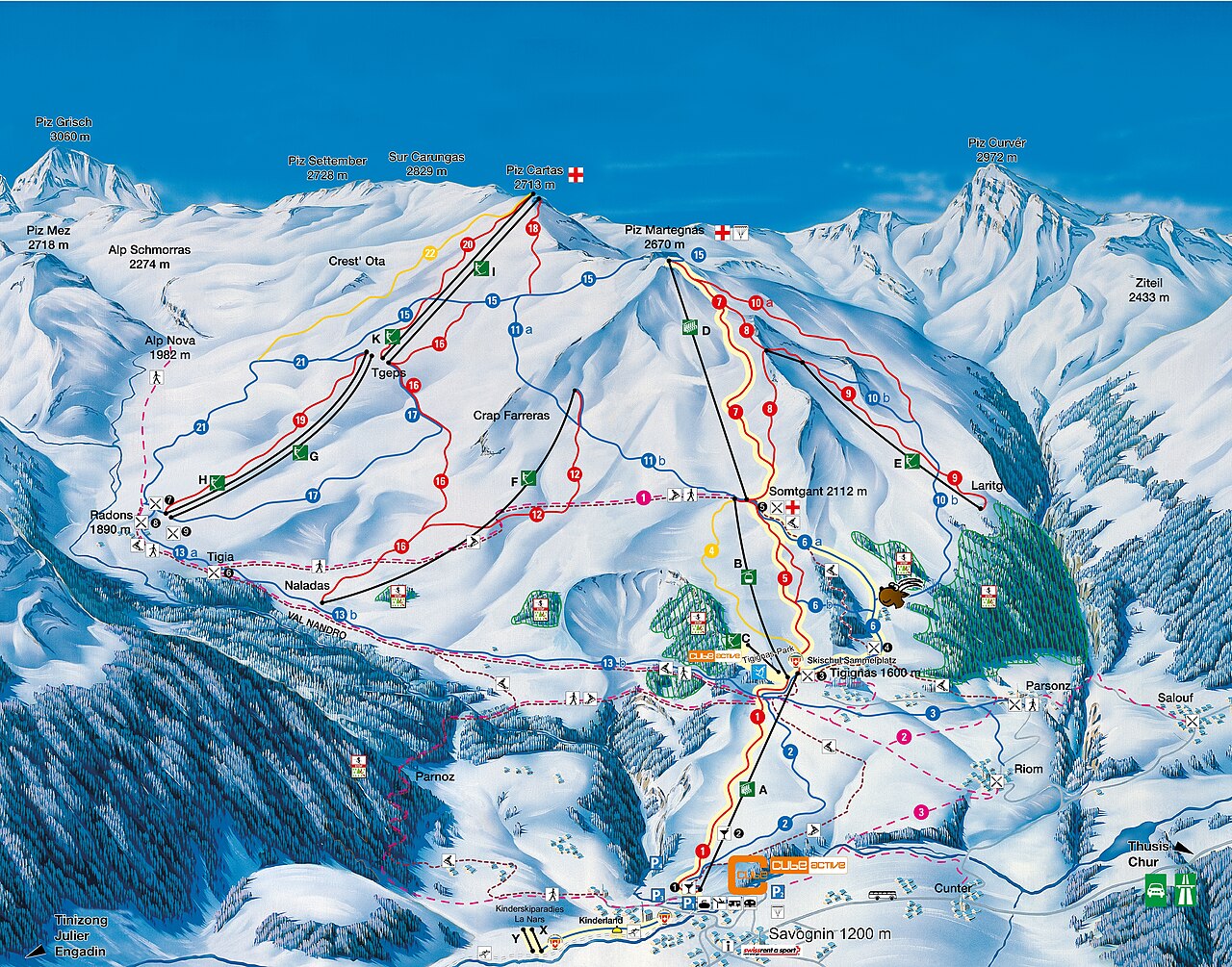 Savognin ski resort in Graubünden, Switzerland - panoramic view of ski slopes and mountain facilities