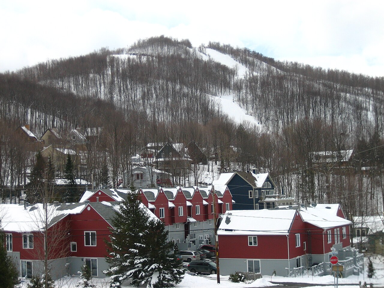 Ski Bromont ski resort in Quebec, Canada - panoramic view of ski slopes and mountain facilities