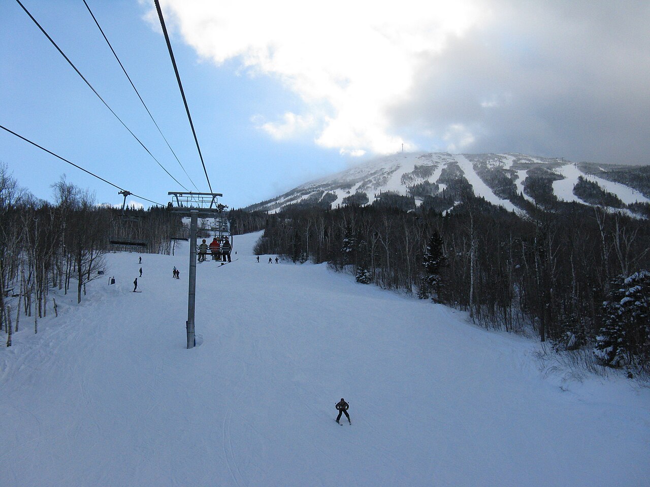 Sugarloaf ski resort in Carrabassett Valley, Maine, USA - panoramic view of ski slopes and mountain facilities