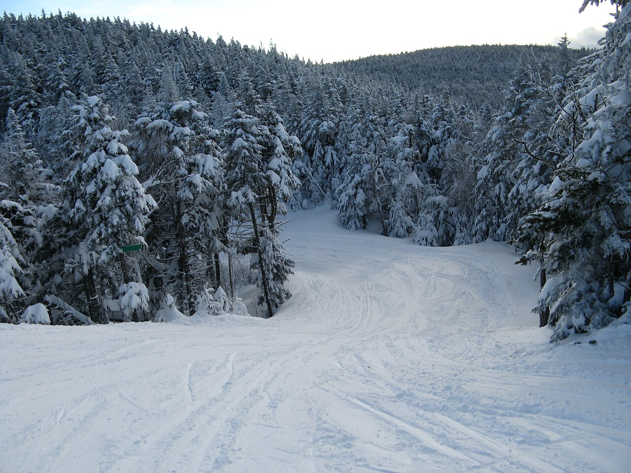 Sunday River ski resort in Newry, Maine, USA - panoramic view of ski slopes and mountain facilities