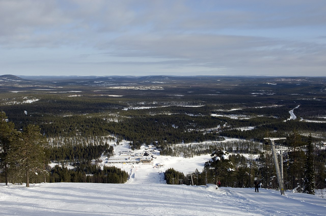 Suomu ski resort in Kemijärvi, Lapland, Finland - panoramic view of ski slopes and mountain facilities