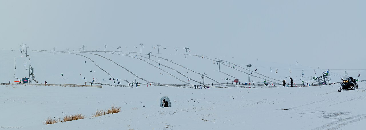 The Lecht ski resort in Highlands, Scotland - panoramic view of ski slopes and mountain facilities