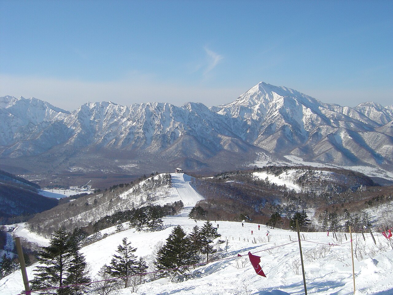 Togakushi ski resort in Nagano, Japan - panoramic view of ski slopes and mountain facilities