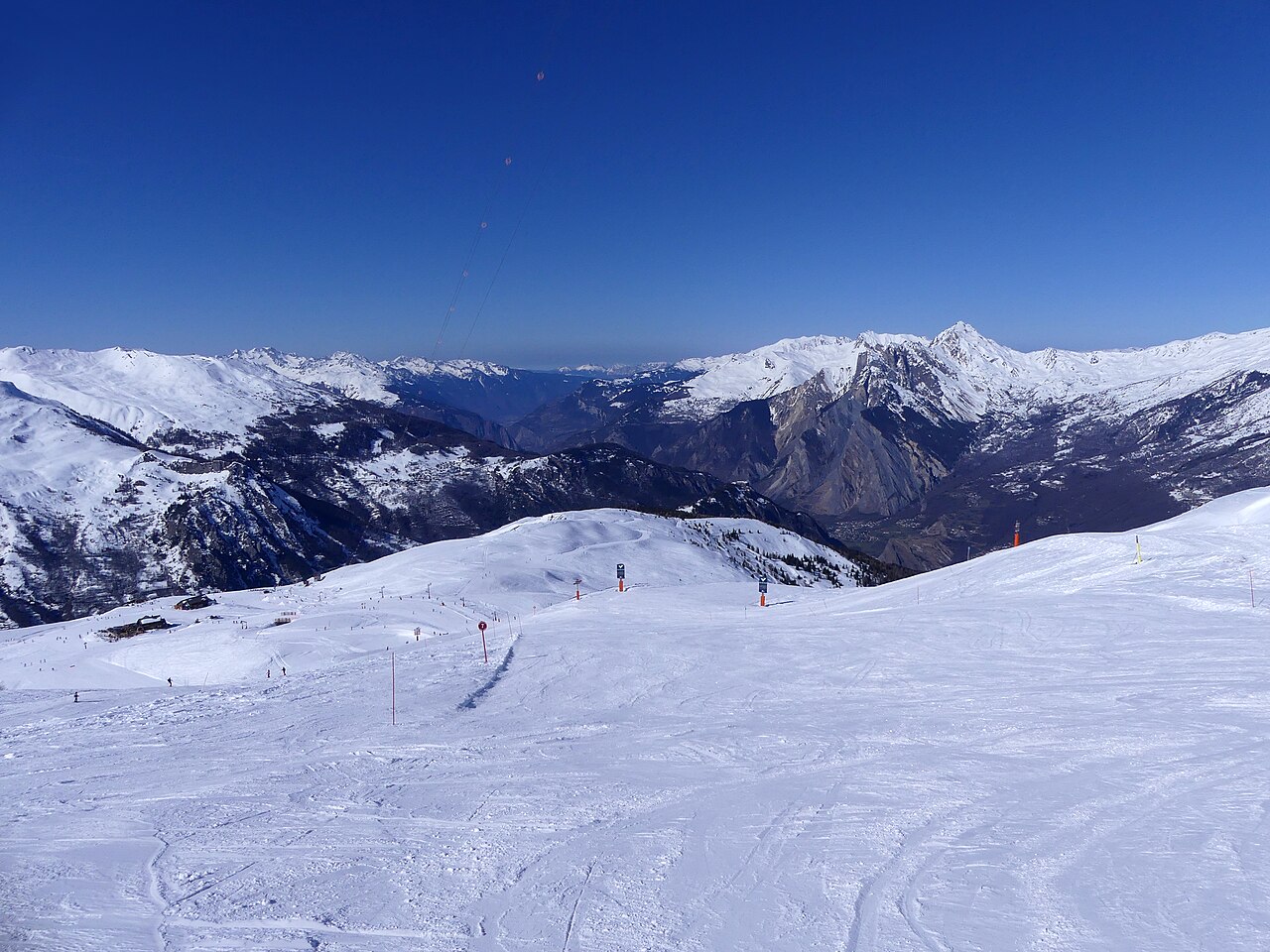 Valloire ski resort in Savoie, France - panoramic view of ski slopes and mountain facilities