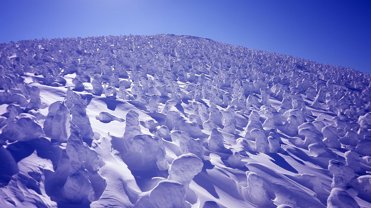 Zao Onsen ski resort in Yamagata, Japan - panoramic view of ski slopes and mountain facilities