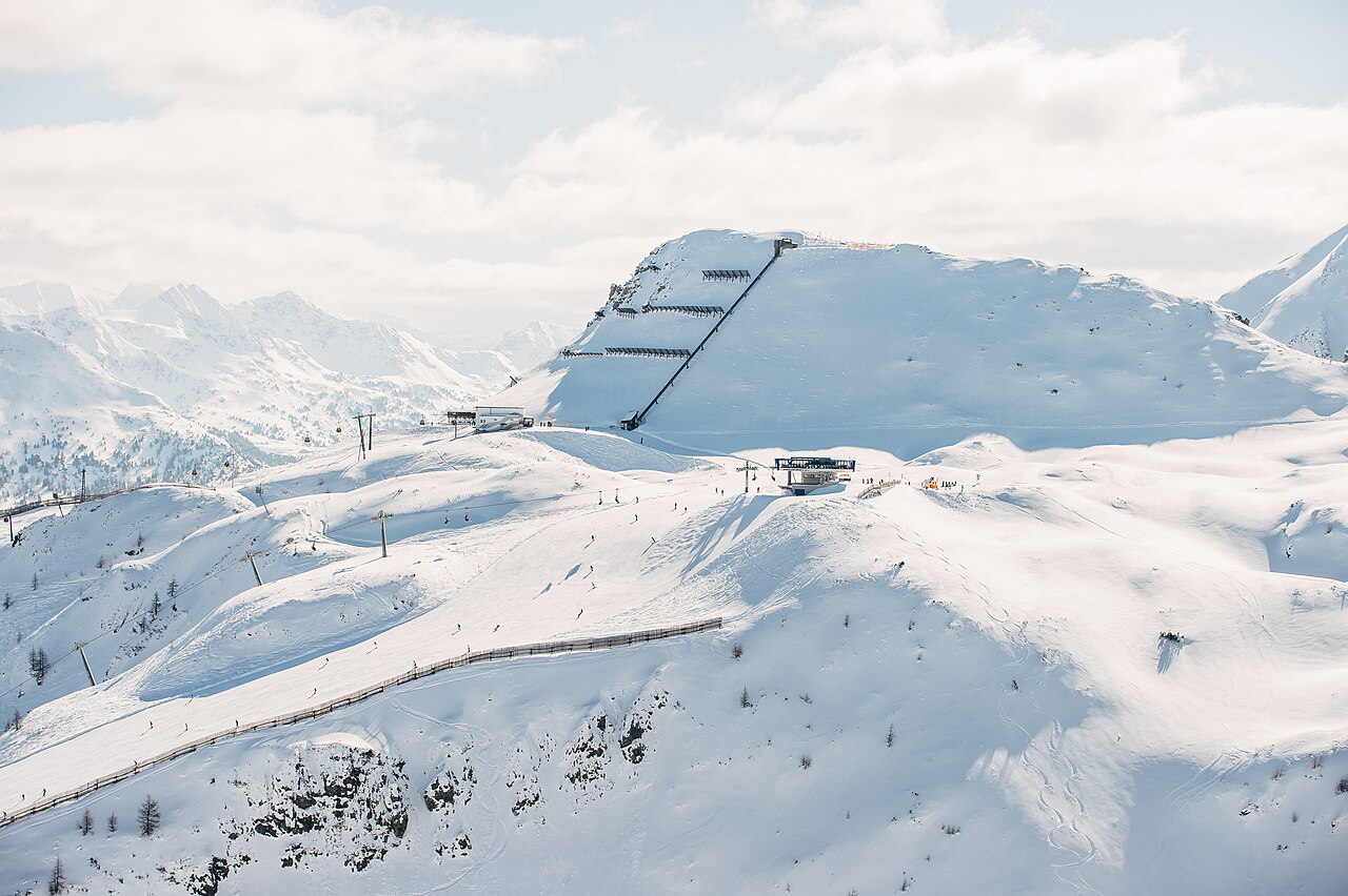 Zauchensee ski resort in Salzburg, Austria - panoramic view of ski slopes and mountain facilities